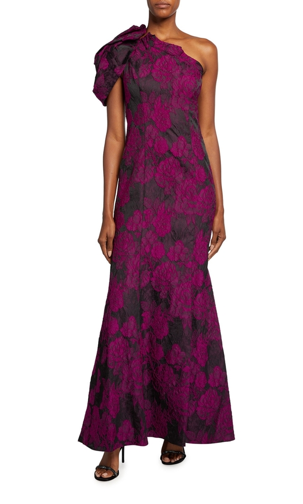 Aidan Mattox Draped 1Shoulder Floral Jacquard Gown - Picture 1 of 8